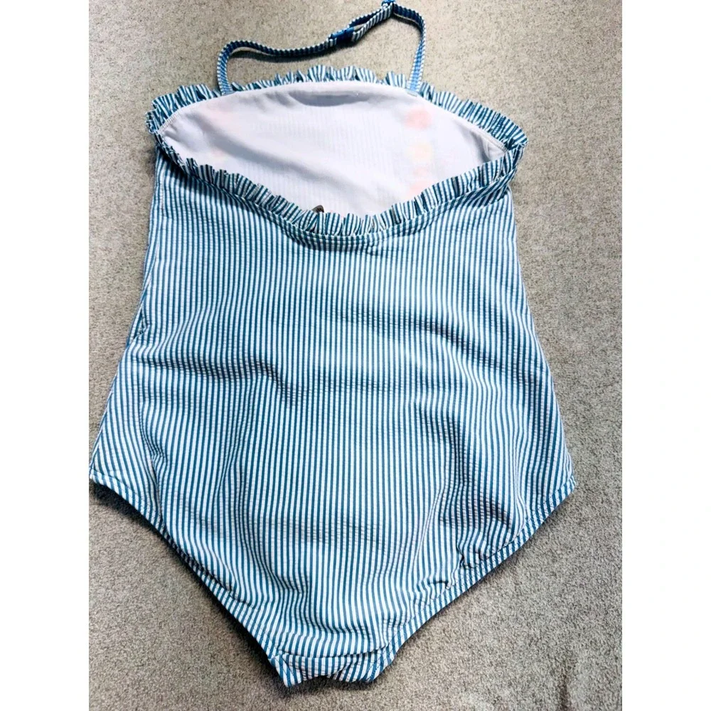 Boden Girl 11-12Y Blue White Stripe One Piece Swimsuit Embroidered Floral Halter